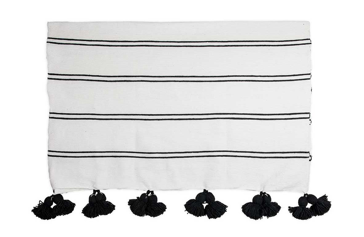 Plaid rayé noir à pompons 2